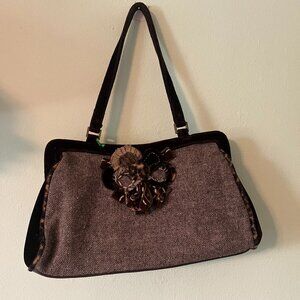 Brown Velvet and Tweed Purse with Animal Print Accents and Fabric Flower